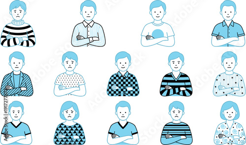 Diverse Collection of Male and Female Avatars Wearing Various Patterned Clothing with Crossed Arms Expression for Business Profile User Interface and Corporate Character Design