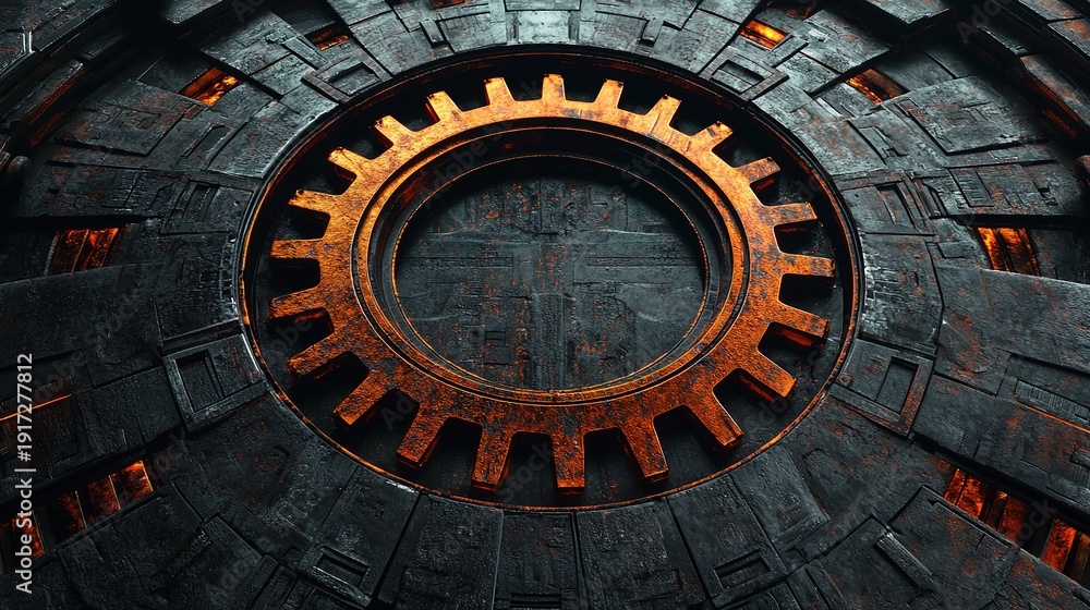 Fototapeta premium A circular, metallic gear with intricate designs, featuring a central hub and contrasting textures, evoking a steampunk aesthetic.
