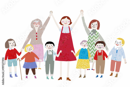 A diverse group of people including children and seniors holding hands