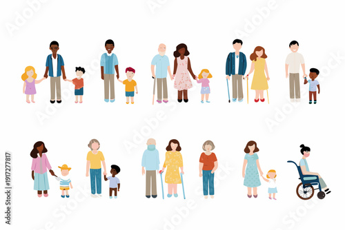 Diverse group of people including families and individuals illustrated in a flat style