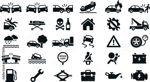 Large set of car accident icons and automotive emergency symbols including vehicle crashes, road safety hazards, breakdown repairs, insurance claims, and traffic warning signs.