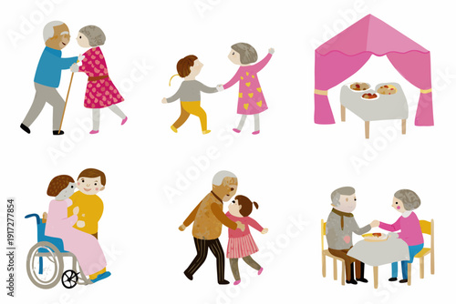 A series of illustrations depicting multigenerational family interactions and care