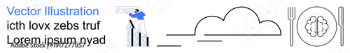 Business analytics, cloud storage, digital habits, eating patterns, report generation, food tracking. A professional analyzing a graph, a cloud shape and a fork-plate set eating habits. Data