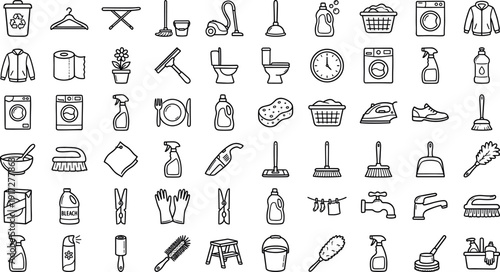 Large set of household cleaning line icons and laundry symbols including washing machine, vacuum, detergent, spray bottle, mop, and brush for housekeeping and hygiene.