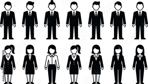 Large set of professional business person silhouettes including men and women in formal suits for corporate office workforce, career recruitment, and leadership team concepts.