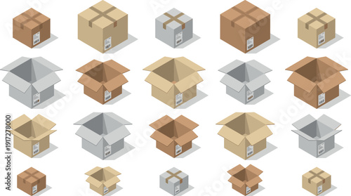 Set of isometric cardboard boxes in various sizes and states including open, closed, and sealed packages with labels for delivery logistics and e-commerce shipping.