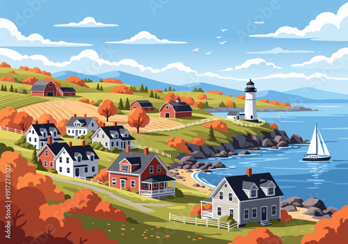 Idyllic autumn coastal village vector illustration featuring charming houses, a lighthouse, and a sailboat on a serene bay