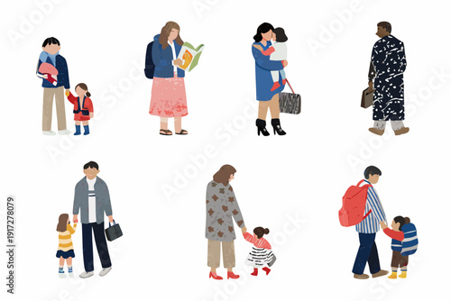 Minimalist illustration depicting diverse groups of people and parent child interactions
