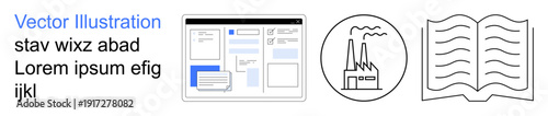 Digital user interfaces, industrial development, education, technological designs, industrial innovations, publishing. Interface layout, factory outline open book icon. Digital user interfaces