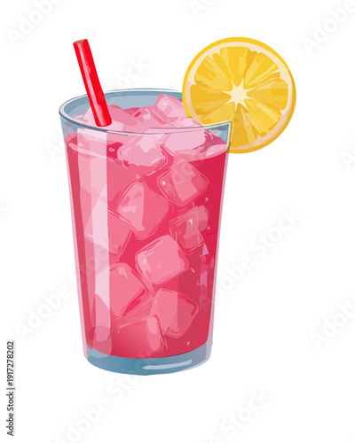 Cold glass of red berry tea with lemon and ice for refreshing summer break and healthy drink choice - Vector Illustration