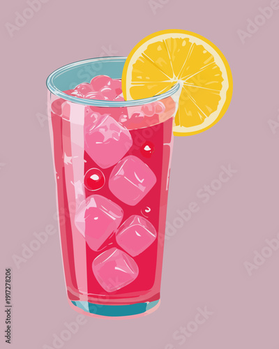 Red iced beverage with lemon slices for cool summer refreshment and vibrant kitchen drink service for guests - Vector Illustration