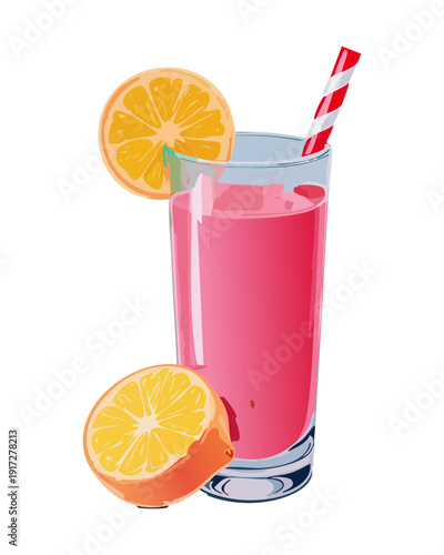 Tall glass of pink fruit juice with lemon and ice for refreshing summer morning and healthy hydration - Vector Illustration
