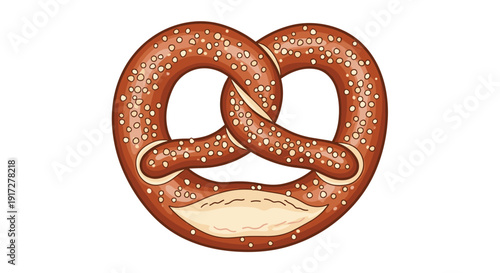 Detailed illustration of a traditional brown baked pretzel with salt crystals sprinkled on its surface isolated on white.