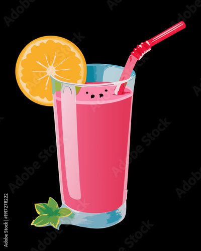Refreshing pink drink with lemon and ice in tall glass for summer party and healthy fruit beverage - Vector Illustration