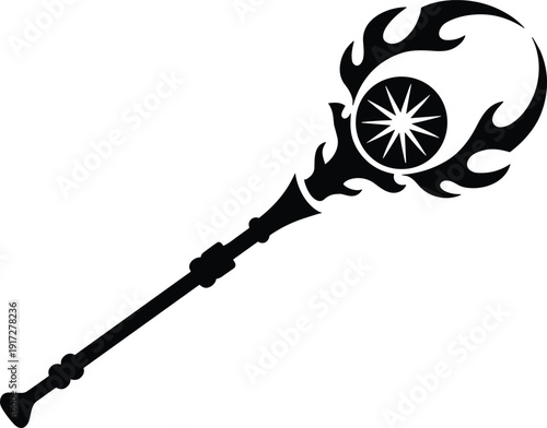 Black silhouette of fantasy magic staff with flaming crescent and star emblem isolated on light background, mystical wizard weapon illustration design element