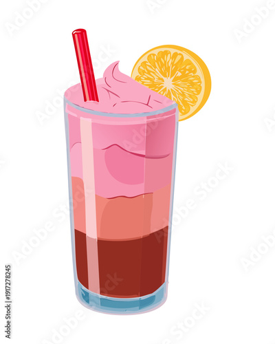 Pink milkshake with whipped cream and orange slice for unique summer dessert and refreshing sweet drink - Vector Illustration