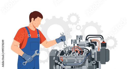 Mechanic repairing engine with tools, gears background, automotive repair concept