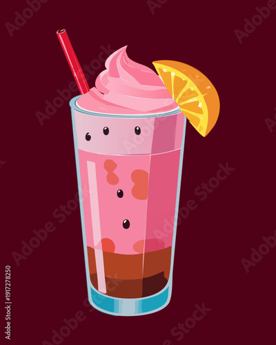 Pink berry smoothie with whipped cream and orange garnish for refreshing summer snack and sweet dessert beverage - Vector Illustration
