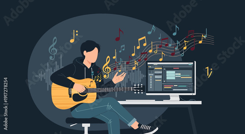 Musician Composing Song with Guitar and Digital Audio Workstation