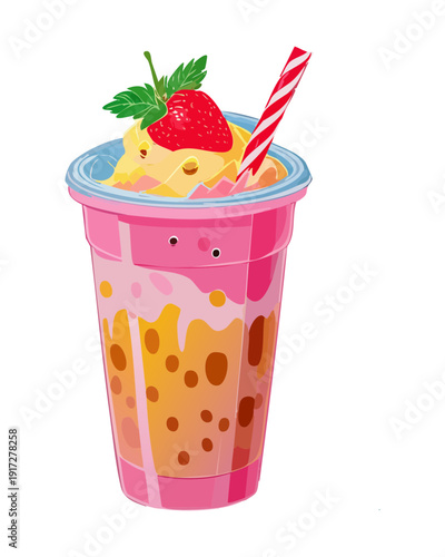 Fancy pink dessert drink with whipped cream and strawberry for sweet summer treat and celebration party beverage - Vector Illustration