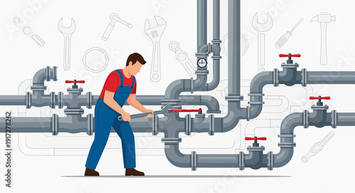Plumber Fixing Pipe System with Tools Background