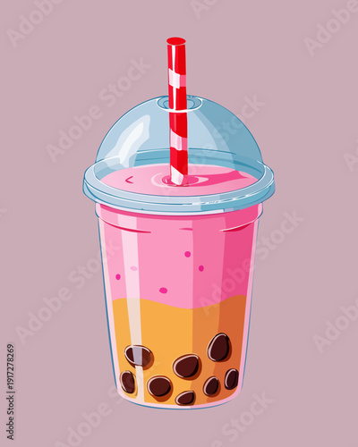 Sweet pink bubble tea with dark pearls and red striped straw in plastic cup for refreshing summer break - Vector Illustration