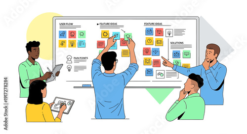 Team Brainstorming Ideas on Whiteboard with Sticky Notes for Project Planning