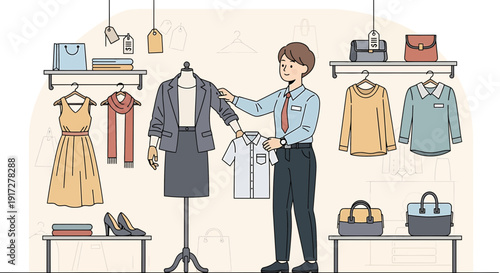 Retail Associate Arranging Mannequin in Clothing Store