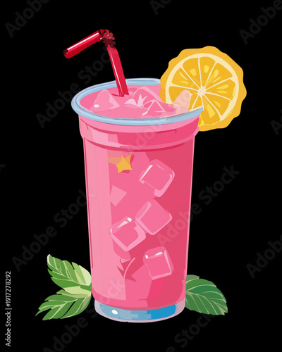 Refreshing pink fruit juice with ice cubes in a tall glass featuring lemon slices for cool summer vibes - Vector Illustration