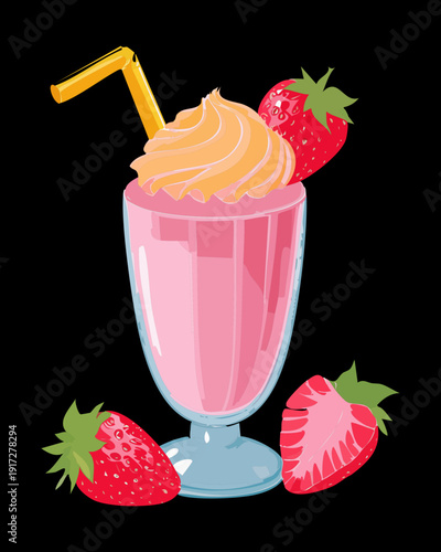 Frothy pink berry smoothie with whipped cream and fresh strawberries in a glass for a delicious morning breakfast - Vector Illustration