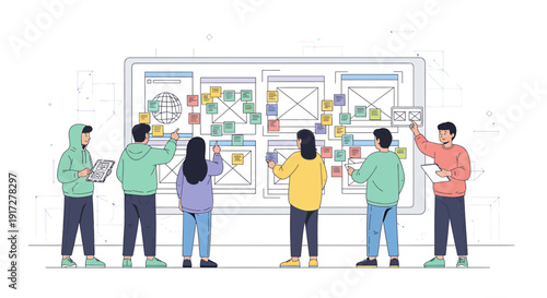 Team Brainstorming User Interface Design on Whiteboard with Sticky Notes