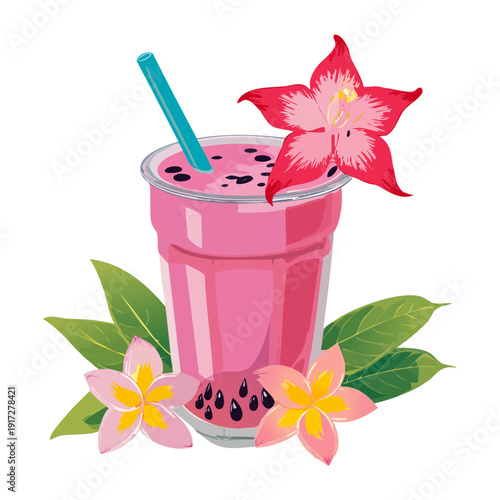 Tall glass of pink lemonade with lemon and lime slices for a refreshing citrus drink on summer days - Vector Illustration