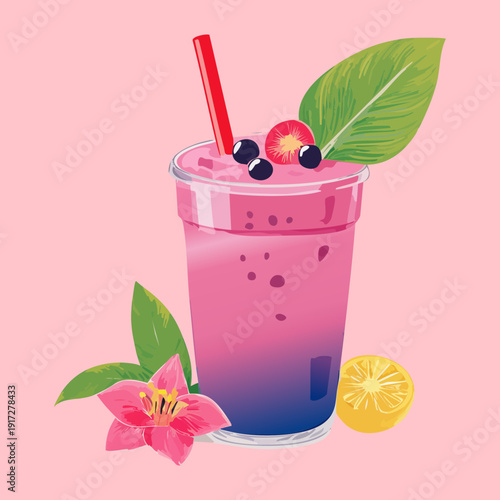 Healthy pink fruit smoothie jar with layers and fresh vanilla flowers for a nutritious and delicious morning meal - Vector Illustration
