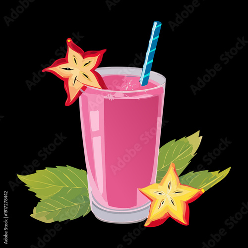 Glass bottle of pink berry smoothie with orange and berries for a healthy and portable summer fruit snack - Vector Illustration