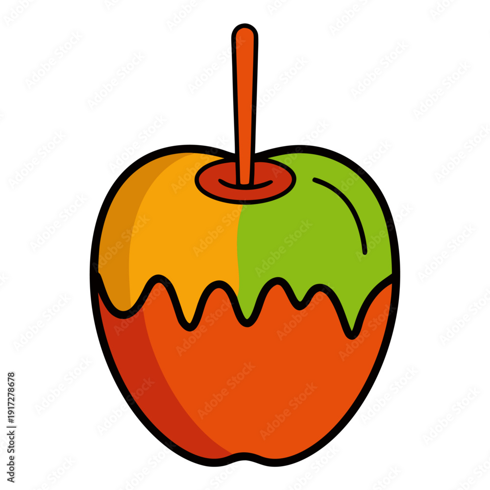 Obraz premium A cartoon green and yellow apple partially dipped in wavy orange and red caramel on a stick, a sweet Halloween treat.