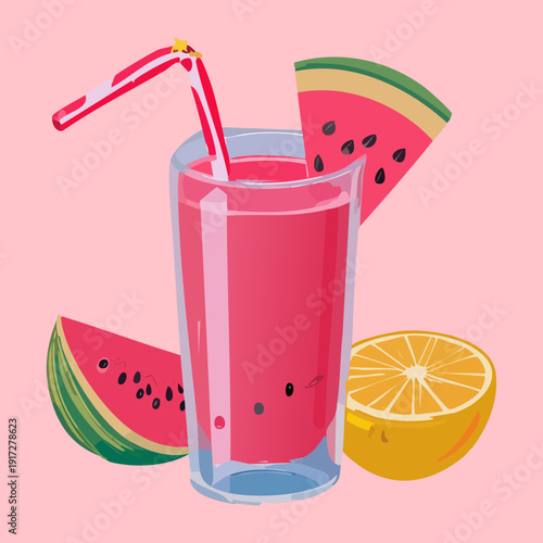 Vibrant pink berry juice in a glass with lemon and stars for a magical summer party drink - Vector Illustration