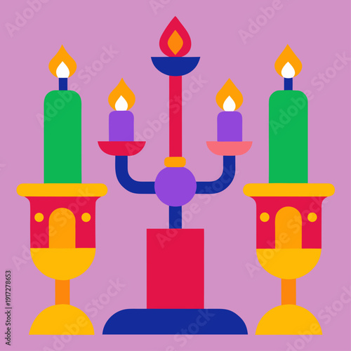 Festive colorful candelabra with three burning candles flanked by two large ornate candlesticks on a pink background.