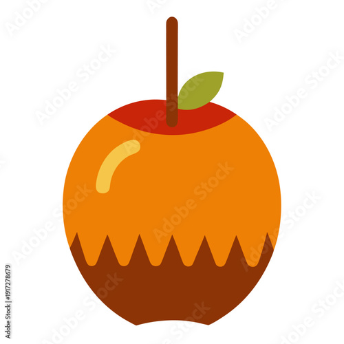 A flat design orange caramel apple with a green leaf and stick, featuring a wavy dark brown chocolate dip.