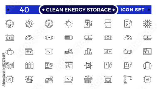 Clean Energy Storage outline icons collection illustrating renewable power, photovoltaic panels, clean electricity, sustainability, eco technology, green energy systems for web.