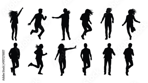 Silhouettes of people in various dynamic poses and activities isolated on white background, Vector