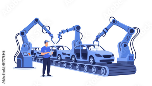 Vector illustration of industrial production line with robotic arms assembling cars in a factory setting viewed from the side