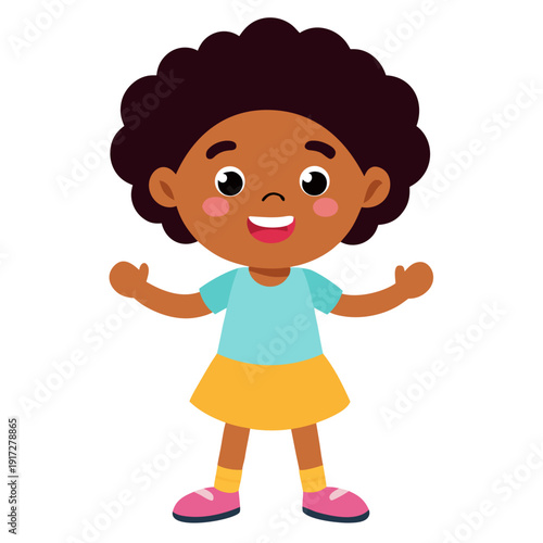 A cute cartoon African American girl standing with arms wide open, smiling happily and looking forward with joy.
