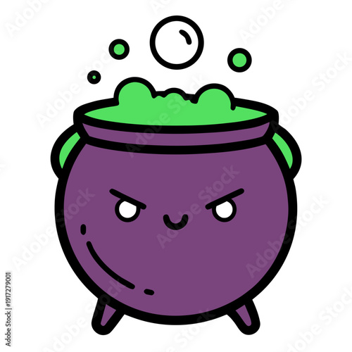 A cartoon cauldron with green bubbling magic potion has an angry facial expression.