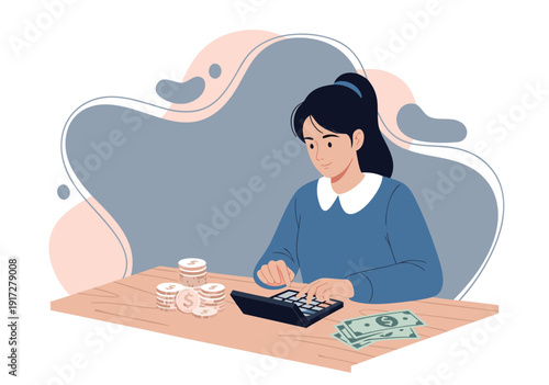 Detailed vector illustration depicting a young woman diligently managing her personal finances, budgeting, and calculating expenses for financial planning