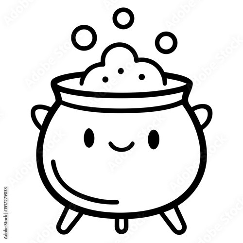 An outline cartoon cauldron with bubbling potion features a happy facial expression.