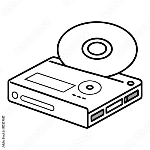 An isometric outline illustration of a retro CD player with a compact disk on top, representing old technology.