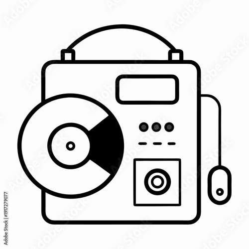 A portable retro CD player with a compact disk and a carry handle represents old music technology.