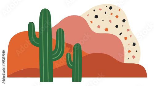 Stylized illustration of a desert landscape depicting cacti and abstract mountains for nature or travel designs