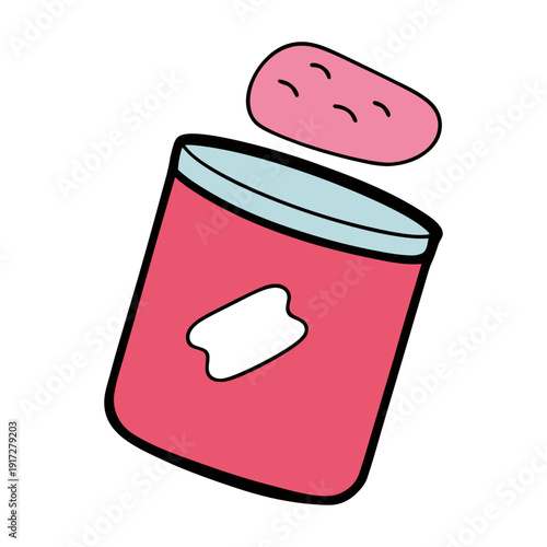 A hand-drawn vector illustration depicting an open, pink cylindrical plastic container with a single pink gum tablet floating above it.
