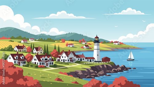Vector illustration of a serene coastal scene with lighthouse, houses, and sailboat in a picturesque landscape